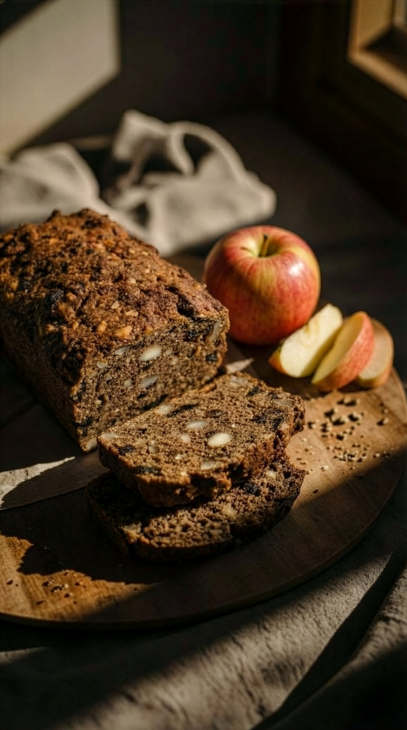 Apfel-Nuss-Brot auf einem Holzbrett mit Dörrfrüchten und Nüssen