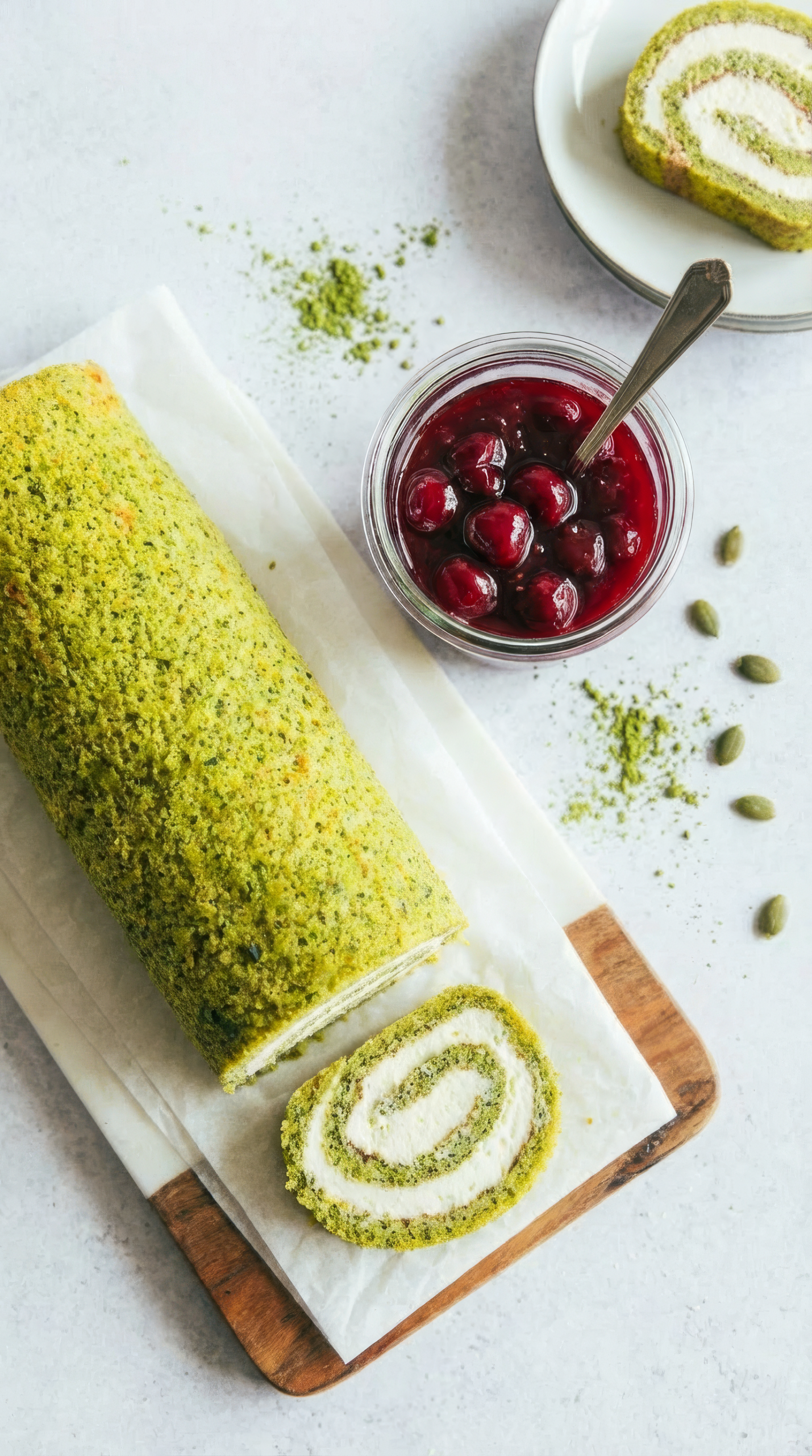 Kürbiskern­roulade mit Topfen und Kirschkernöl
