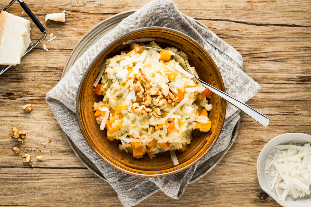 Kürbis-Risotto mit Gorgonzola und Walnussöl