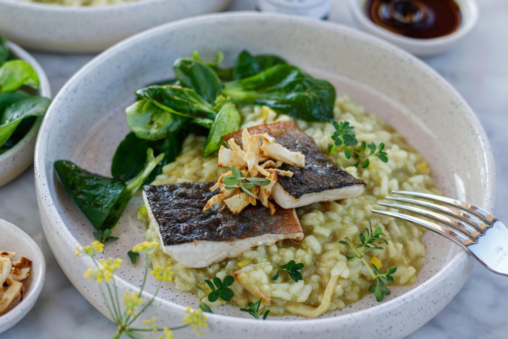 Risotto mit geröstetem Sellerie, Bachforelle und Kürbis[-]kernöl